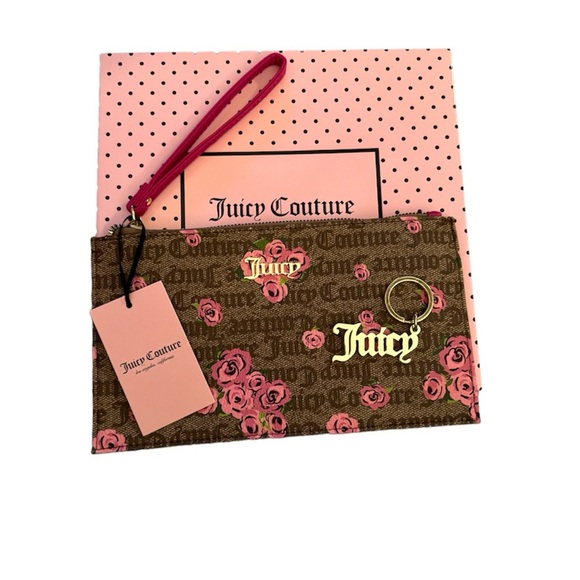 NWT Juicy Couture Pink Bloom Brown clutch with keychain - Picture 1 of 4